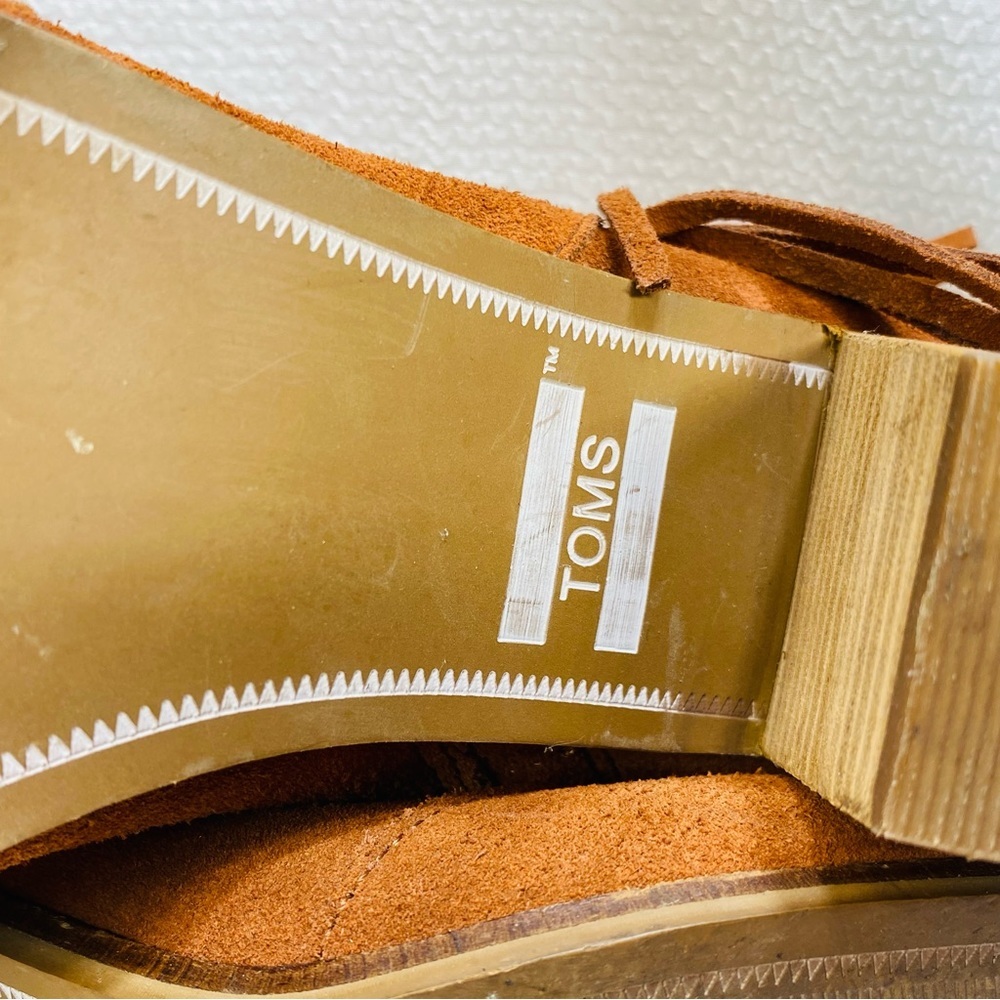 TOMS Suede Booties Womens Sz 7.5 Cinnamon Brown W. Fringe 3” Heel - Picture 6 of 10